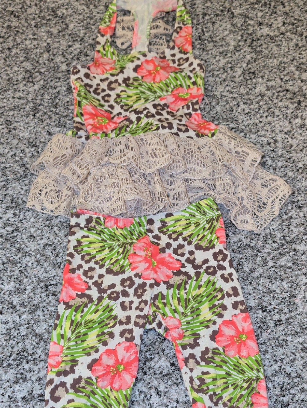 Kate Mack Floral & Leopard Ruffle Romper Set - Pink, Green, Cream